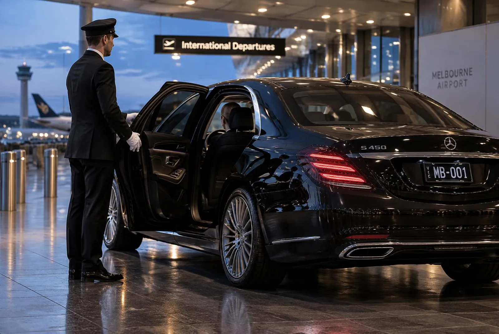 Chauffeur-driven black sedan collecting a passenger outside an airport terminal: Cabramatta Airport Transfers and Chauffeurs