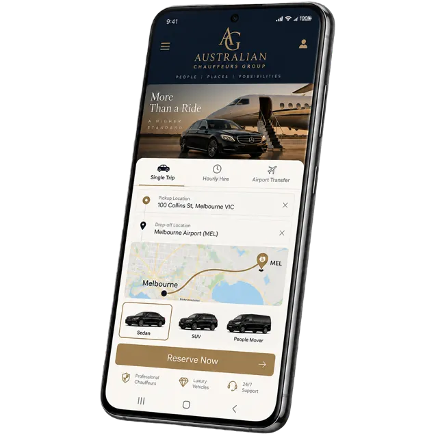 Australian Chauffeurs Group app displayed on an Android phone