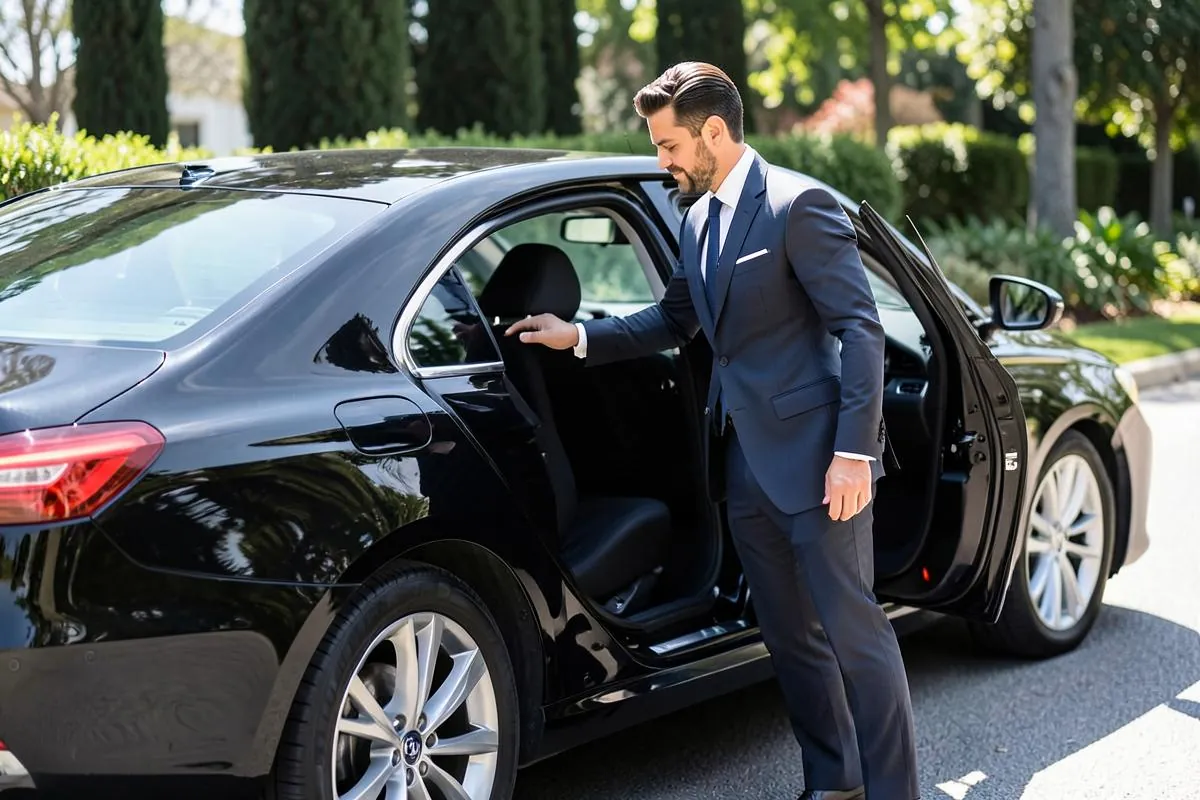 Chauffeur opening the rear door of a luxury sedan