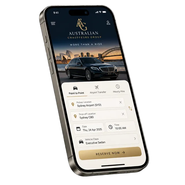 Australian Chauffeurs Group app displayed on an iPhone