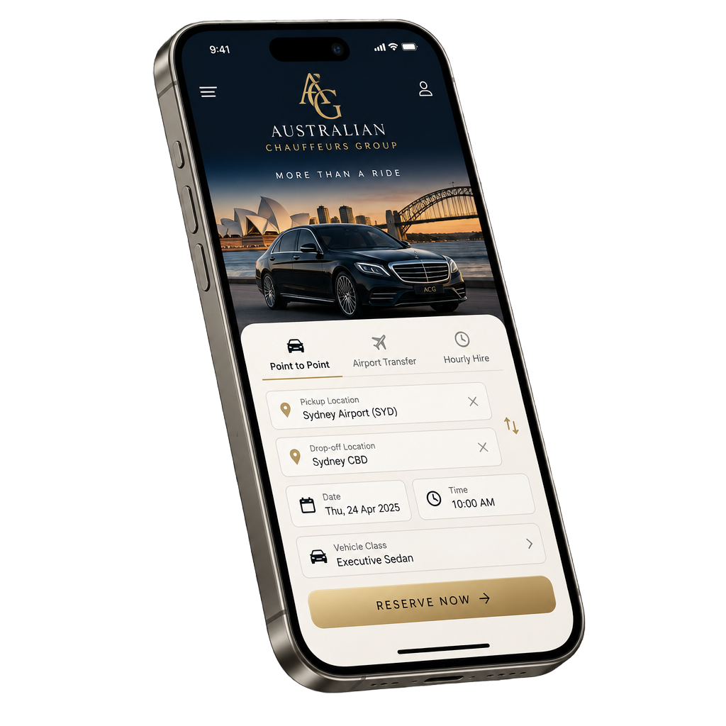 Australian Chauffeurs Group app displayed on an iPhone