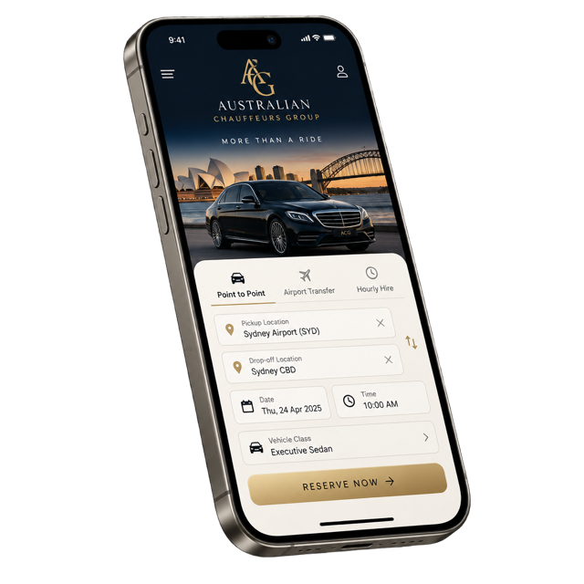 Australian Chauffeurs Group app displayed on an iPhone